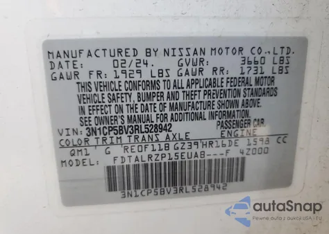 2024 Nissan Kicks S z USA, uszkodzony, nr VIN 3N1CP5BV3RL528942